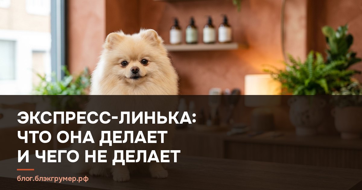 Пушистый шпиц на столе грумера в салоне с терракотовыми стенами